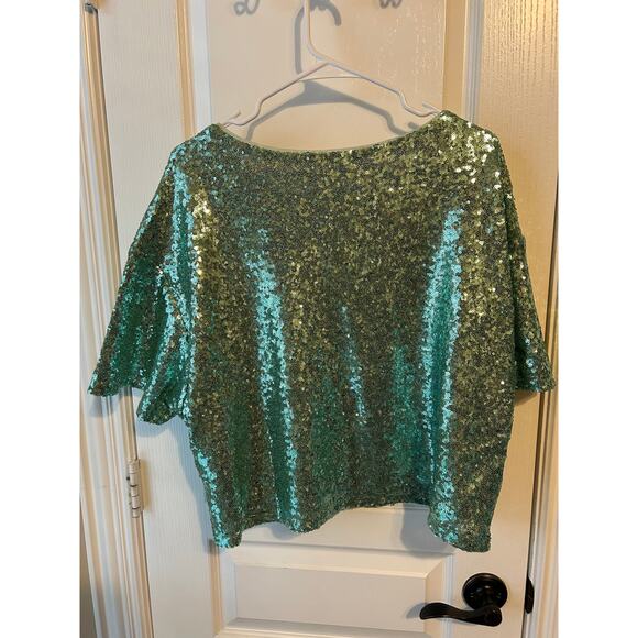 Anthropologie Green Sparkle Short Sleeve Party NYE Top - Picture 2 of 5